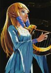  1girl absurdres artist_request black_background blonde_hair blue_eyes dress hair_tubes highres holding_harp long_hair looking_to_the_side musical_note official_art pointy_ears princess_zelda sheet_music sidelocks solo the_legend_of_zelda the_legend_of_zelda:_skyward_sword third-party_source white_dress wide_sleeves wristband 