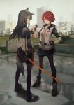  2girls animal_ear_fluff animal_ears arknights black_capelet black_hair black_pantyhose brown_eyes capelet chinese_commentary commentary_request energy_wings exusiai_(arknights) fingerless_gloves gloves hair_over_one_eye halo hand_on_own_hip highres holding holding_sword holding_weapon huanxiang_heitu id_card jacket long_hair long_sleeves looking_at_viewer looking_back multiple_girls open_clothes open_jacket pantyhose raglan_sleeves redhead short_hair smile standing sword tail texas_(arknights) weapon white_jacket wolf_ears wolf_tail 