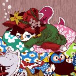 1boy barefoot blue_eyes brown_hair cloak flower green_cloak hat hat_flower holding holding_clothes holding_hat jaggy_lines joxter looking_at_viewer male_focus moomin moomintroll nail_polish nonana_(mikudrop) pillow pink_flower plant red_hat red_nails short_hair slit_pupils smile stuffed_owl tassel toenail_polish toenails top_hat vines yellow_flower 