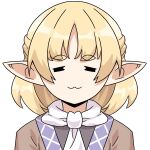  1girl :3 =_= black_shirt blonde_hair brown_shirt closed_eyes closed_mouth commentary english_commentary half_updo highres medium_bangs mizuhashi_parsee pointy_ears praeto scarf shirt short_hair simple_background smile solo sousou_no_frieren thick_eyebrows touhou undershirt upper_body white_background white_scarf 