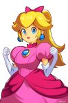  1girl absurdres artist_name blonde_hair blue_eyes bow breasts brooch clenched_hands dress earrings elbow_gloves gloves hair_bow high_ponytail highres jewelry long_hair medium_breasts pink_bow pink_dress pink_lips princess_peach short_hair simple_background smgold solo super_mario_bros. white_background white_gloves 