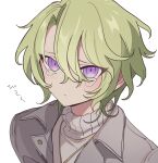  1boy bad_id bad_pixiv_id closed_mouth ensemble_stars! green_hair hair_between_eyes jewelry looking_at_viewer male_focus meremero necklace sad short_hair simple_background solo sweater tearing_up tears tomoe_hiyori turtleneck turtleneck_sweater upper_body violet_eyes white_background 