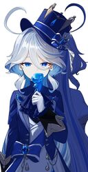  1girl ahoge ascot blue_ascot blue_bow blue_eyes blue_flower blue_gemstone blue_hair blue_hat blue_jacket blue_ribbon bow drop-shaped_pupils flower furina_(genshin_impact) gem genshin_impact gloves hair_between_eyes hand_up hat hat_bow hat_ribbon heterochromia highres holding holding_flower jacket kodona lakelight_lily_(genshin_impact) light_blue_hair lolita_fashion long_hair long_sleeves multicolored_hair owl_5151 ribbon signature solo streaked_hair symbol-shaped_pupils upper_body very_long_hair white_background white_gloves white_hair 