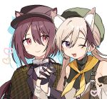  2girls animal_ear_fluff animal_ears arknights bag black_gloves blonde_hair cardigan_(arknights) cardigan_(sunny_day)_(arknights) caterpillar_tracks closed_mouth commentary detached_sleeves dog_ears drop_shadow ears_through_headwear gloves green_hat half_gloves hat heart holding_hands jacket jacket_on_shoulders long_hair long_sleeves looking_at_another looking_at_viewer maguro_kan melantha_(arknights) melantha_(letters_from_wessex)_(arknights) multicolored_hair multiple_girls neckerchief official_alternate_costume open_mouth pink_eyes plaid plaid_jacket purple_hair purple_hat simple_background smile streaked_hair symbol-only_commentary upper_body violet_eyes white_background yellow_neckerchief yuri 
