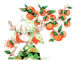  +_+ 1girl ahoge artist_name bright_pupils closed_mouth collared_shirt colored_inner_hair commentary disembodied_hand english_commentary food fruit green_eyes green_hair green_nails green_shirt green_sweater growing_out_of_body hair_between_eyes high_collar holding holding_food holding_fruit horns leaf limited_palette long_sleeves looking_at_viewer maruti_bitamin multicolored_hair orange_eyes orange_hair orange_nails original painting_(medium) persimmon portrait print_sweater shirt short_hair signature simple_background smile solo sweater traditional_media tree tree_horns two-tone_eyes two-tone_hair watercolor_(medium) white_background white_eyelashes 