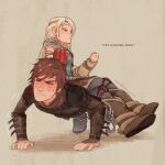  1boy 1girl armor astrid_hofferson blonde_hair blue_shirt boots brown_footwear brown_hair circlet closed_eyes english_text exercise fur_boots grey_background grey_pants hiccup_horrendous_haddock_iii how_to_train_your_dragon knee_pads leather_armor long_hair pants pauldrons push-ups seoyeon shirt short_hair shoulder_armor sitting sitting_on_person skirt sleeveless sleeveless_shirt sweat trembling 