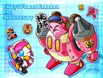  1girl anniversary blue_eyes blush_stickers colored_skin drawing_(object) goggles goggles_on_head highres king_dedede kirby kirby:_planet_robobot kirby_(series) mechanical_arms meta_knight one_eye_closed pink_hair pink_skin robobot_armor robot susie_(kirby) towara6316 