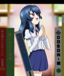  1girl arm_garter blue_eyes blue_hair blue_skirt blurry blurry_background blurry_foreground commission cowboy_shot depth_of_field dress_shirt eclair_(girls_und_panzer) girls_und_panzer indoors juliet_sleeves kayabakoro long_hair long_sleeves looking_to_the_side maginot_school_uniform miniskirt neck_ribbon open_mouth own_hands_together pixiv_commission pleated_skirt puffy_sleeves red_ribbon ribbon school_uniform shirt skirt smile solo standing textless_version white_shirt 