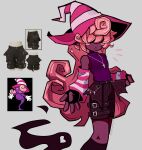  1girl black_gloves black_shorts blush_stickers cross cross_necklace detached_sleeves fingerless_gloves ghost_tail gloves grey_background hair_over_eyes hat highres jewelry long_hair mangolord necklace paper_mario paper_mario:_the_thousand_year_door parted_lips pink_hair purple_shirt reference_inset shirt shirt_tucked_in shorts simple_background sleeveless sleeveless_shirt solo striped_clothes striped_headwear super_mario_bros. very_long_hair vivian_(paper_mario) witch_hat 