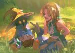  2boys ascot bare_shoulders black_mage_(final_fantasy) blonde_hair blue_eyes blue_jacket blue_pants blue_vest brown_footwear brown_gloves english_commentary final_fantasy final_fantasy_ix gloves grass hat jacket looking_at_another low_ponytail male_focus miyukiko multiple_boys open_mouth outdoors pants parted_bangs shirt signature sitting sleeveless sleeveless_shirt vest vivi_ornitier white_ascot wizard_hat yellow_eyes yellow_hat zidane_tribal 