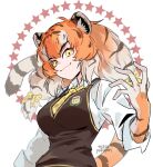  1girl :3 animal_ears animal_print bow brown_hair brown_vest collared_shirt elbow_gloves gloves hair_between_eyes hair_bow japari_symbol kemono_friends kemono_friends_3 long_hair long_sleeves looking_at_viewer multicolored_clothes multicolored_gloves multicolored_hair necktie orange_gloves orange_hair plaid_bow plaid_clothes plaid_necktie print_gloves shirt siberian_tiger_(kemono_friends) sidelocks smile solo tail tatsuri_(forest_penguin) tiger_ears tiger_girl tiger_print tiger_tail upper_body vest white_gloves white_hair white_shirt yellow_bow yellow_eyes yellow_necktie yellow_trim 