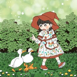  1girl :o annoyed apron arm_at_side back_bow belt bird black_eyes black_hair blurry blush_stickers bokeh bow bush clenched_hand clover collared_dress dandelion day depth_of_field dot_nose dress film_grain floral_print flower foliage following frilled_sleeves frills full_body goose gosling grass green_sky hair_behind_ear hand_up hat highres layered_sleeves leaf lecturing long_sleeves looking_back mannerer62 open_mouth original outdoors pointing pointing_up print_dress puffy_long_sleeves puffy_sleeves red_belt red_footwear red_hat red_trim shoes short_hair sky socks solo tree_print v-shaped_eyebrows waist_apron walking white_bird white_dress white_socks witch_hat yellow_bird yellow_flower 