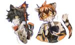  1boy 1girl aak_(arknights) animal_ears animal_print arknights black_hair bowl chopsticks closed_eyes closed_mouth cookie eating food furry furry_female furry_male glasses grin hair_over_one_eye holding holding_bowl holding_chopsticks holding_food looking_at_viewer noodles nun2o orange_hair ramen round_eyewear simple_background smile tail teeth tiger_boy tiger_ears tiger_girl tiger_print tiger_tail waai_fu_(arknights) white_background yellow_eyes 