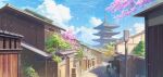  absurdres blue_sky building cherry_blossoms cherry_tree clouds highres japan landscape mountain no_humans original outdoors pagoda road scenery sky street temple tree vanishing_point window yosanann 