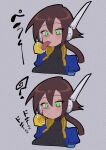  1girl ? absurdres aile_(mega_man_zx) black_bodysuit blue_jacket blush bodysuit bodysuit_under_clothes brown_hair buzzlyears covered_collarbone cropped_jacket eats_a_lemon_and_dies_(meme) faux_traditional_media food fruit glowing glowing_eyes green_eyes highres jacket lemon licking long_hair mega_man_(series) mega_man_zx mega_man_zx_advent meme multiple_views open_clothes open_jacket ponytail robot_ears upper_body white_background 
