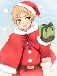  1boy axis_powers_hetalia belt blonde_hair blush box breath capelet christmas fur-trimmed_capelet fur_trim gift gift_box green_eyes hat holding holding_gift iluka_(ffv7) looking_to_the_side male_focus mittens open_mouth pom_pom_(clothes) puff_of_air ribbon santa_costume santa_hat short_hair solo thick_eyebrows united_kingdom_(hetalia) 