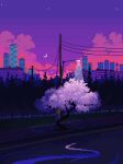  building city clouds commentary crescent_moon english_commentary highres jubilee_(8pxl) moon night no_humans original outdoors pixel_art power_lines purple_clouds purple_sky road scenery sky skyline tree utility_pole 
