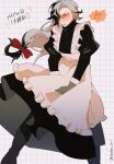  1boy black_hair blush boothill_(honkai:_star_rail) bow dress embarrassed gloves grey_eyes grey_gloves hair_bow hair_over_one_eye highres honkai:_star_rail honkai_(series) kon_(konkon_1011) long_hair long_sleeves looking_down maid multicolored_hair puffy_sleeves red_bow split-color_hair sweatdrop white_hair 