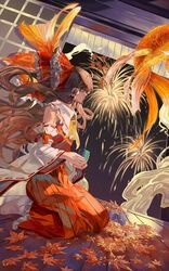  1girl absurdres ascot autumn_leaves bow brown_hair closed_mouth commentary cup detached_sleeves fireworks fish frilled_bow frilled_hair_tubes frilled_shirt_collar frills goldfish hair_bow hair_tubes hakama hakurei_reimu half_updo highres holding holding_cup japanese_clothes long_hair long_sleeves night night_sky profile red_bow red_ribbon red_shirt reki_(user_rcrd4534) ribbon ribbon-trimmed_sleeves ribbon_trim seiza shirt sidelocks sitting sky sleeveless sleeveless_shirt socks solo tabi touhou very_long_hair white_socks wide_sleeves yellow_ascot 