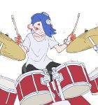 1girl alternate_costume blue_hair blush bracelet cephalopod_eyes closed_mouth collarbone commentary_request cymbals drum drum_set drumming drumsticks earrings grey_pants hair_over_one_eye highres holding holding_drumsticks instrument jewelry jounetsu_(jonetunoaoitako) medium_hair motion_lines multiple_earrings music octoling one_eye_covered pants pink_pupils playing_instrument red_eyes shirt shiver_(splatoon) short_eyebrows short_sleeves sitting smile solo speed_lines splatoon_(series) splatoon_3 suction_cups sweat tentacle_hair tooth_earrings wavy_mouth white_background white_shirt 