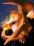  a_ferox charizard claws clouds commentary_request fangs fire green_eyes highres no_humans open_mouth outdoors pokemon pokemon_(creature) sky solo tongue 