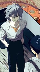  2boys a12740807 bad_source bag black_pants blue_hair collarbone collared_shirt commentary dark_blue_hair dress_shirt feet_out_of_frame from_above hair_between_eyes hands_in_pockets ikari_shinji layered_clothes looking_at_another male_focus multiple_boys nagisa_kaworu narrowed_eyes neon_genesis_evangelion open_collar orange_shirt pants parted_lips shirt shirt_tucked_in undershirt white_shirt 