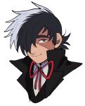  1boy black_coat black_jack_(character) black_jack_(series) brown_eyes closed_mouth coat collared_shirt cropped_shoulders hair_over_one_eye husagin long_sideburns looking_at_viewer male_focus multicolored_hair patchwork_skin red_ribbon ribbon shirt short_hair sideburns simple_background smile solo split-color_hair stitched_face stitches white_background white_shirt 