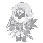  1boy chibi coat dottore_(genshin_impact) full_body genshin_impact gloves greyscale hair_intakes hand_up highres krkm_hks long_hair male_focus mask monochrome open_mouth simple_background smile solo syringe_earrings 