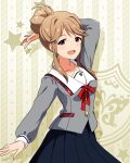  1girl :d arm_behind_head black_skirt breasts brown_eyes buttons collar collarbone cowboy_shot flipped_hair grey_serafuku grey_shirt hair_bun hair_over_shoulder idolmaster idolmaster_million_live! idolmaster_million_live!_theater_days junior_high_schoolmate_(idolmaster) light_brown_hair long_sleeves looking_at_viewer medium_breasts neck_ribbon official_alternate_costume official_art open_mouth parted_bangs plaid_collar pleated_skirt red_ribbon ribbon school_uniform serafuku shirt sidelocks single_hair_bun skirt smile solo starry_background swept_bangs tenkubashi_tomoka white_collar 