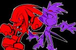  1boy 1girl animal_ears black_background blaze_the_cat cat_ears cat_tail closed_mouth eyelashes forehead_jewel gloves highres knuckles_the_echidna looking_to_the_side miijiu open_mouth outline red_eyes sharp_teeth sonic_(series) tail teeth violet_eyes 