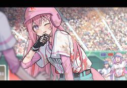  4girls absurdres audience baseball baseball_helmet baseball_jersey baseball_uniform black_gloves blush commentary dirty dirty_clothes dirty_face fang gloves hakui_koyori helmet highres hololive jersey layered_sleeves letterboxed long_hair long_sleeves looking_at_viewer mud multiple_girls no_eyes one_eye_closed parted_lips pink_hair pink_helmet short_over_long_sleeves short_sleeves solo_focus sportswear sweat tail tokoyami_towa tsukino_(nakajimaseiki) upper_body very_long_hair violet_eyes virtual_youtuber wolf_tail 