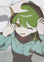  1boy 1girl blue_shirt carmen_(project_moon) coat giovanni_(project_moon) green_hair hagan_tw hands_up highres lab_coat lobotomy_corporation long_hair long_sleeves one_eye_closed open_mouth petting pov pov_hands project_moon shirt simple_background smile white_background white_coat yellow_eyes 