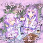  &gt;_&lt; 2girls :q absurdres arm_up bottle cherry_blossoms collarbone commentary_request cup d-pad d-pad_hair_ornament dress food hair_ornament hanami highres holding holding_cup holding_plate holding_spoon hood hooded_jacket hooded_track_jacket jacket light_blush long_hair multiple_girls neckerchief nepgear neptune_(neptunia) neptune_(series) outdoors picnic picnic_basket plate pudding purple_hair sailor_dress shionic_zm shoes short_hair siblings sisters sitting smile spoon striped_clothes striped_thighhighs thigh-highs tongue tongue_out track_jacket unworn_shoes v_arms violet_eyes wariza water_bottle yellow_neckerchief 