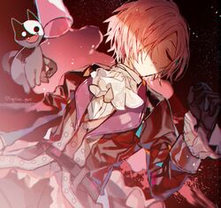  1boy black_gloves black_jacket black_pants black_vest cat closed_eyes cup frilled_sleeves frills gloves hair_over_one_eye jacket jibaku_shounen_hanako-kun lying mitsuba_sousuke on_back open_mouth pants pink_hair sapphire_(nine) solo spill vest 