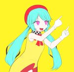  1girl alternate_costume aqua_hair blue_hair bow dress gloves hat hatsune_miku long_hair low_twintails mei_mei_(vocaloid) open_mouth pink_eyes pinocchio-p red_bow simple_background smile solo twintails upper_body very_long_hair vocaloid yellow_background yellow_dress 