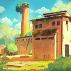  abandoned blue_sky building bush chimney clouds day door drawing_(object) highres katou_oswaldo no_humans original outdoors overgrown purple_scarf robot scarf sky 