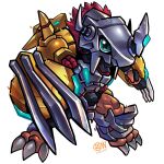  armor artist_logo chibi claw_(weapon) colored_skin crotch_plate cwdw digimon digimon_(creature) dragon full_body green_eyes helmet highres horns looking_at_viewer mechanical_wings orange_skin redhead shoulder_armor simple_background solo spikes spiky_hair wargreymon wargreymon_x-antibody weapon white_background wings yellow_skin 