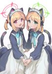  2girls absurdres animal_ear_headphones animal_ears apron black_dress blonde_hair blue_archive blush cat_tail closed_mouth dress fake_animal_ears green_eyes green_halo halo headphones highres kj_keiji long_sleeves maid maid_apron maid_headdress midori_(blue_archive) midori_(maid)_(blue_archive) momoi_(blue_archive) momoi_(maid)_(blue_archive) multiple_girls official_alternate_costume open_mouth pink_halo red_eyes short_hair siblings simple_background sisters tail twins white_apron white_background 