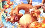  blurry blurry_background charizard claws colored_skin commentary_request dragon fangs fewer_digits fiery_tail fire green_eyes lake lionbell lizard mountain orange_skin outdoors pokemon pokemon_(creature) tail water_drop wings 