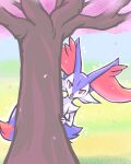  1girl alternate_color animal_ear_fluff animal_ears animal_nose body_fur braixen cherry_blossoms commentary_request day fox_ears fox_girl fox_tail furry furry_female gardear058 jaggy_lines leaning_to_the_side looking_at_viewer outdoors outline peeking_out petals pokemon pokemon_(creature) purple_fur red_eyes shiny_pokemon solo sparkle straight-on tail tree two-tone_fur white_fur white_outline 