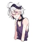  1girl ahoge androgynous azuma_shino black_hair blush choker flat_chest flower_(vocaloid) flower_(vocaloid4) head_tilt loose_clothes loose_shirt multicolored_hair purple_shirt ribs shirt short_hair skinny smile sweat sweatdrop tomboy two-tone_hair upper_body violet_eyes vocaloid white_background white_eyelashes white_hair 