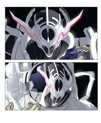  1boy 1other alien armor astronaut bbbb_fex black_bodysuit black_hole bodysuit dancing evol_blackhole evol_driver evol_trigger evolto from_side full_armor fullbottle gloves glowing helmet highres kamen_rider kamen_rider_build_(series) kamen_rider_evol male_focus neon_trim pink_eyes rider_belt science_fiction shoulder_armor shoulder_spikes space space_helmet spacesuit spikes star_(sky) tokusatsu waltz_(dance) white_armor white_gloves 