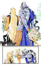  2girls :d armor black_hair blonde_hair bouquet braid circlet commentary drenched-in-sunlight elden_ring elden_ring:_shadow_of_the_erdtree fake_horns flower flying_sweatdrops full_armor gauntlets helmet highres holding holding_bouquet horned_helmet horns long_hair multi-tied_hair multiple_girls notice_lines outstretched_arms queen_marika_the_eternal rellana_twin_moon_knight smile very_long_hair yellow_eyes 