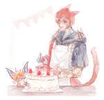  blush braid cake cat_tail cloak crystal_exarch feo_ul final_fantasy final_fantasy_xiv food fruit g&#039;raha_tia garland_(decoration) highres hood hood_down hooded_cloak material_growth open_mouth red_eyes redhead strawberry strawberry_shortcake tail tail_raised tladpwl03 white_background 