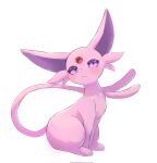  blush closed_mouth espeon forehead_jewel forked_tail full_body gabbydesuyo highres looking_at_viewer no_humans pokemon pokemon_(creature) purple_fur simple_background sitting solo tail violet_eyes white_background 