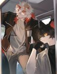  2boys aak_(arknights) arknights axianorange black_eyes black_hair black_jacket black_shirt chinese_commentary colored_sclera colored_tips commentary_request fingerless_gloves furry furry_male gloves highres horns hung_(arknights) jacket jewelry komainu_boy komainu_ears male_focus multicolored_hair multiple_boys necklace open_mouth shirt single_horn slit_pupils smile white_jacket white_shirt yellow_eyes yellow_sclera 