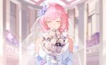  1girl absurdres alternate_costume bare_shoulders blunt_bangs blurry blurry_background bouquet breasts bridal_veil chinese_commentary closed_eyes commentary_request dress elbow_gloves elysia_(honkai_impact) facing_viewer fengtu_ad flower gloves hair_flower hair_intakes hair_ornament highres holding holding_bouquet honkai_(series) honkai_impact_3rd large_breasts medium_hair outdoors pillar pink_hair rose see-through see-through_veil smile solo straight-on upper_body veil wedding wedding_dress white_dress white_flower white_gloves white_rose white_veil 