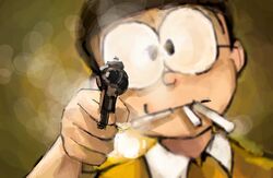  1boy aiming aiming_at_viewer black_hair blurry depth_of_field doraemon glasses gun highres looking_at_viewer mochizuki_tagosaku nobi_nobita polo_shirt revolver shirt smoke smoking solo weapon weapon_focus yellow_shirt 