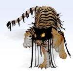  absurdres animal_focus blue_background colored_sclera dream_tiger_(govy9807) english_commentary full_body gradient_background highres looking_at_viewer monster no_humans open_mouth original solo standing svvshi tiger walking white_background white_eyes yellow_sclera 