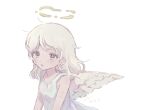  1girl angel angel_wings commentary_request dress expressionless flat_chest halo liquid_halo looking_to_the_side medium_hair original parted_lips simple_background solo tetora_u_u upper_body vaccine_scar white_background white_dress white_hair white_wings wings 